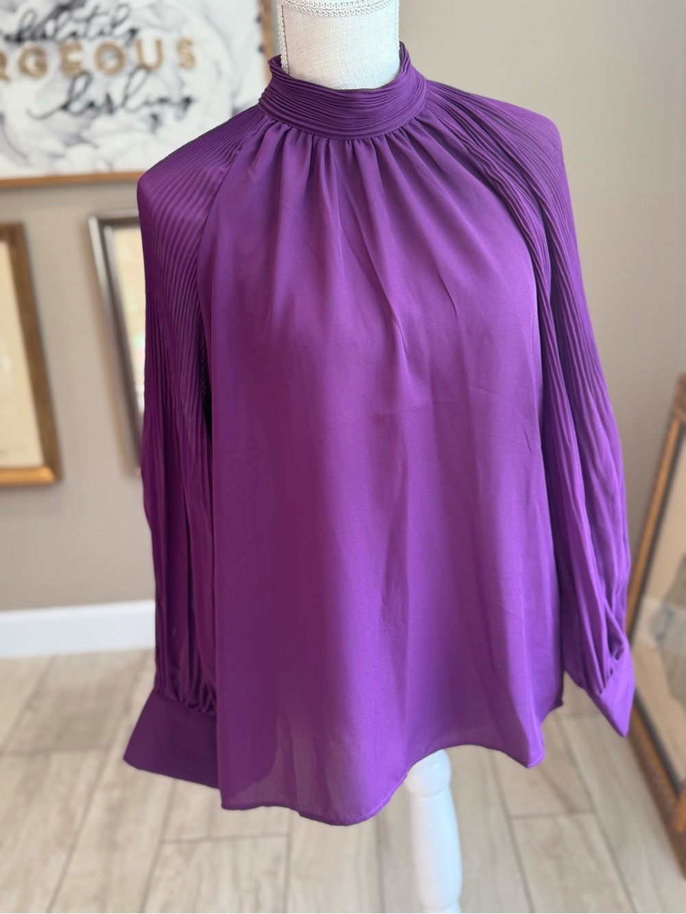 hazel Purple High-Neck Pleated Sleeve Blouse